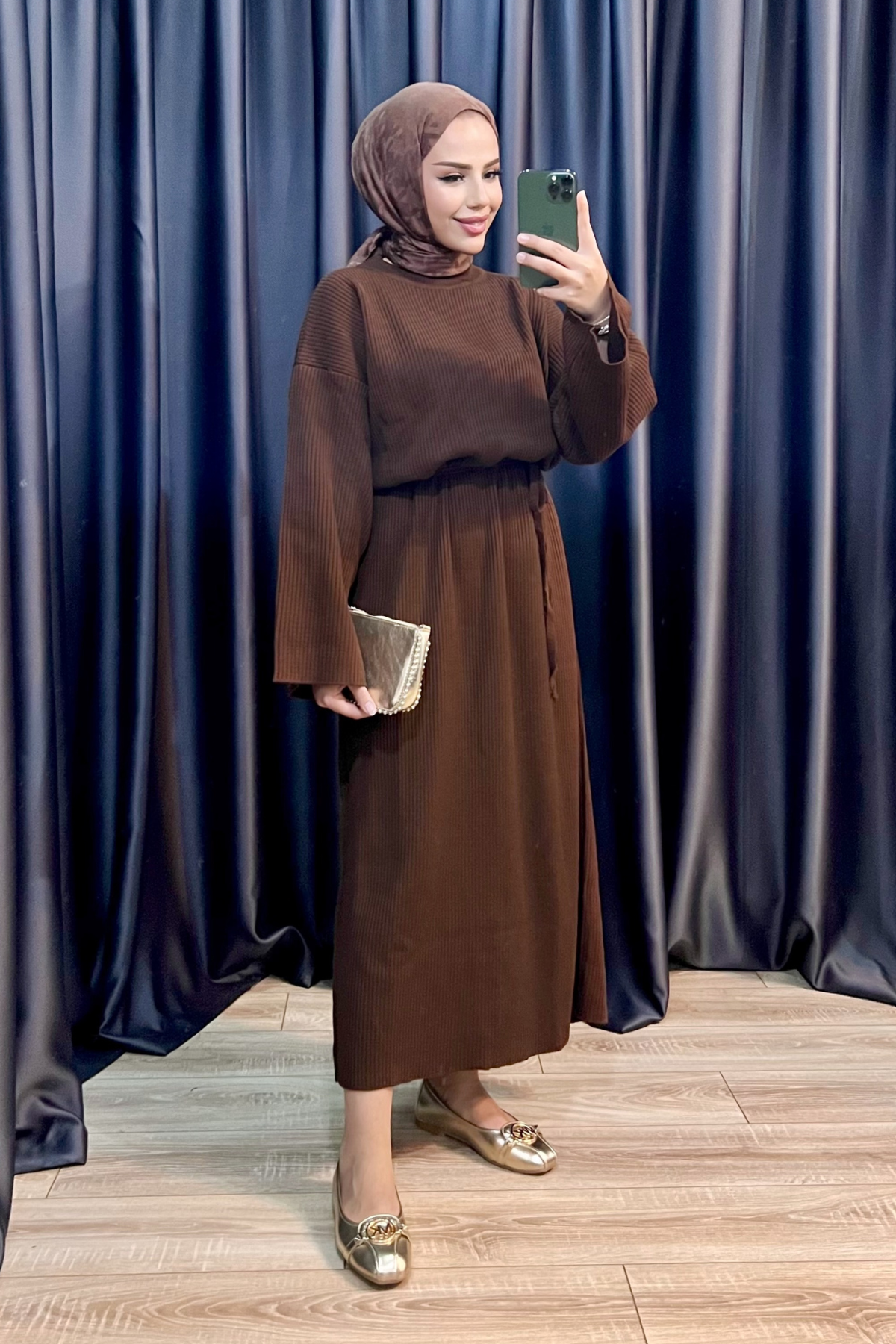 İspanyol Kol Triko Elbise KAHVE