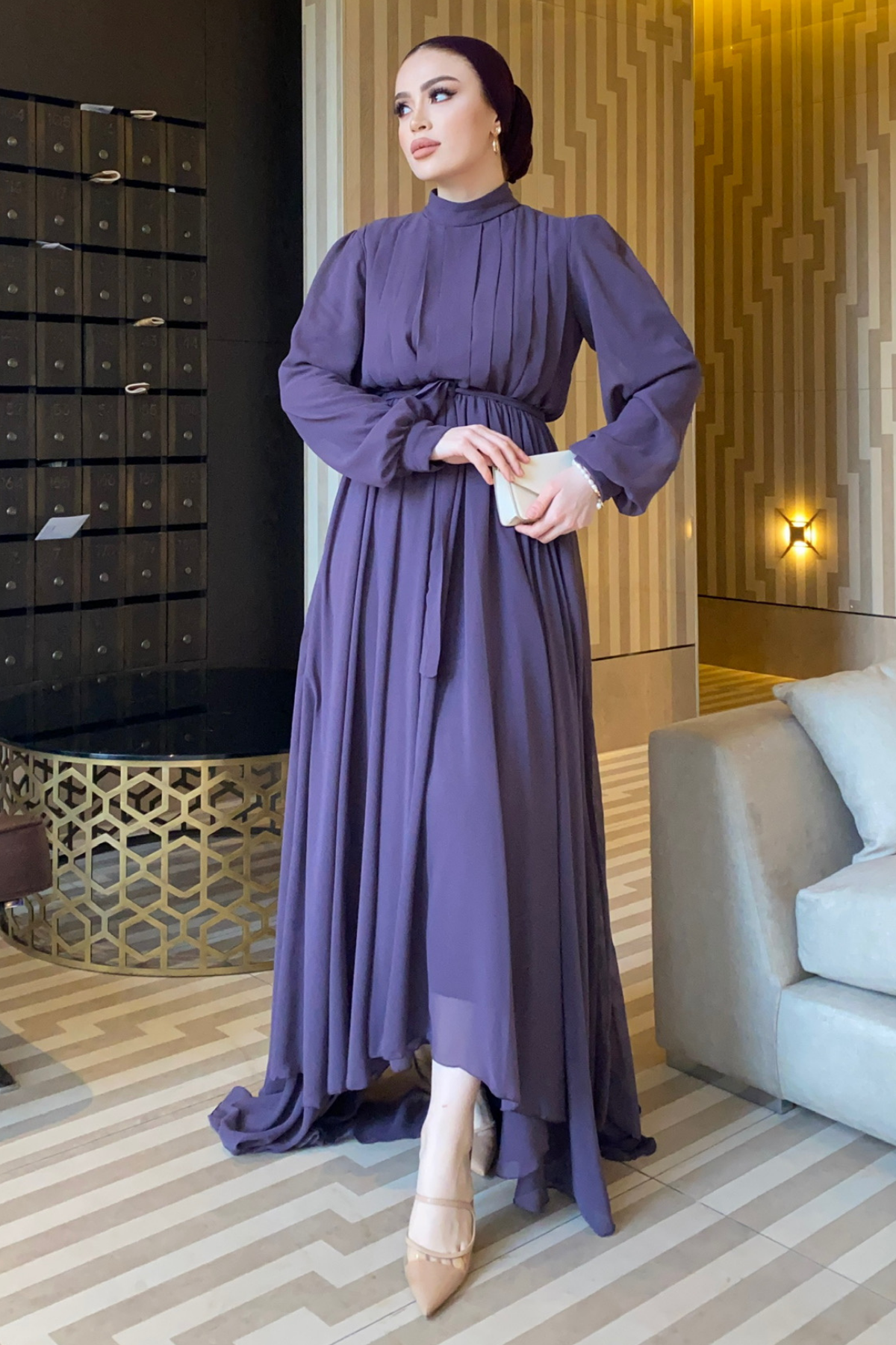 Kuyruklu Şifon Abiye Elbise MOR