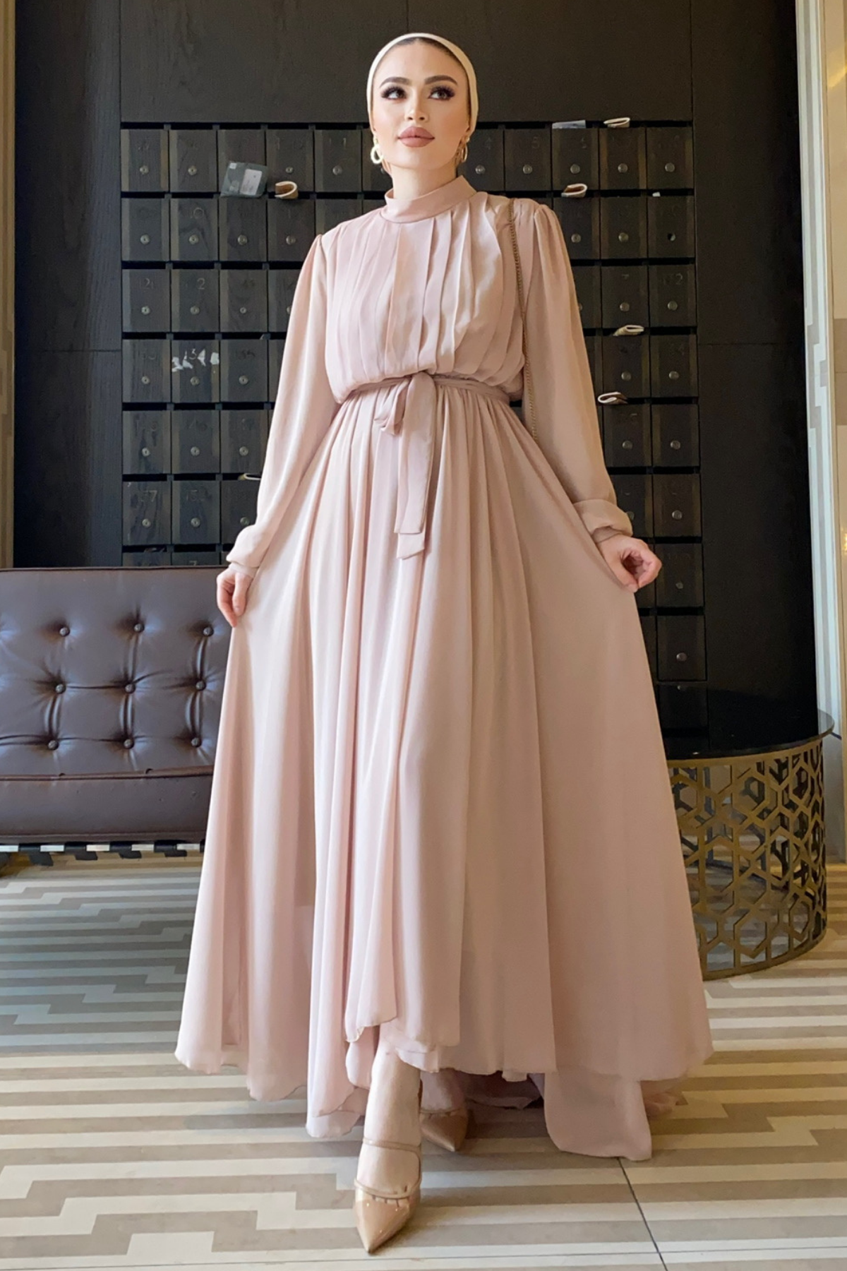 Kuyruklu Şifon Abiye Elbise PUDRA