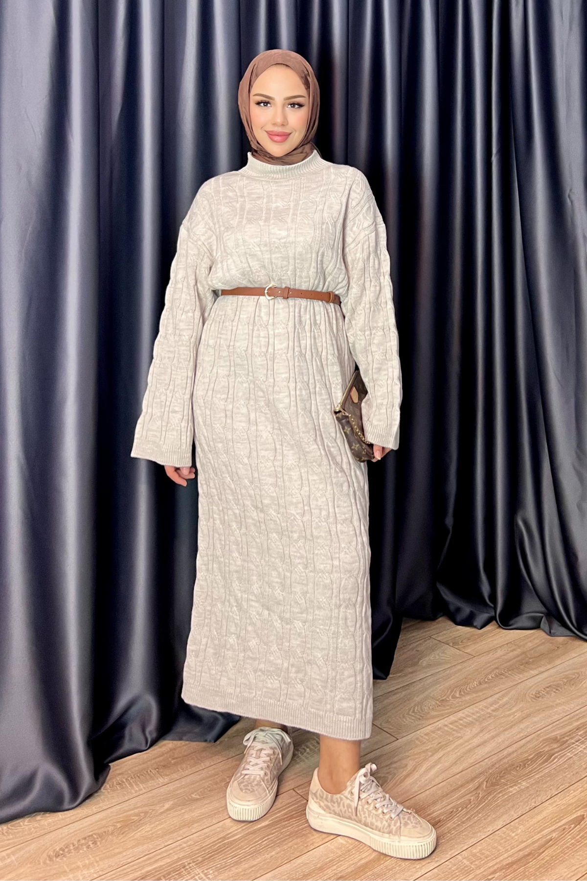 Örgü Desen Triko Elbise BEJ