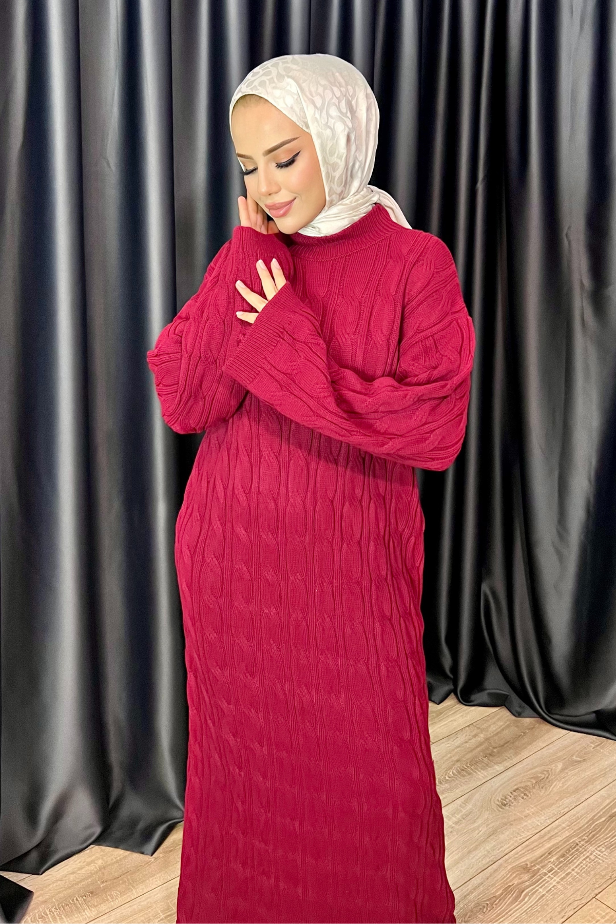 Örgü Desen Triko Elbise BORDO