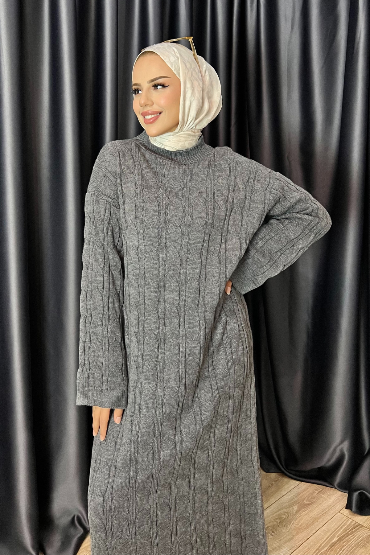 Örgü Desen Triko Elbise GRİ