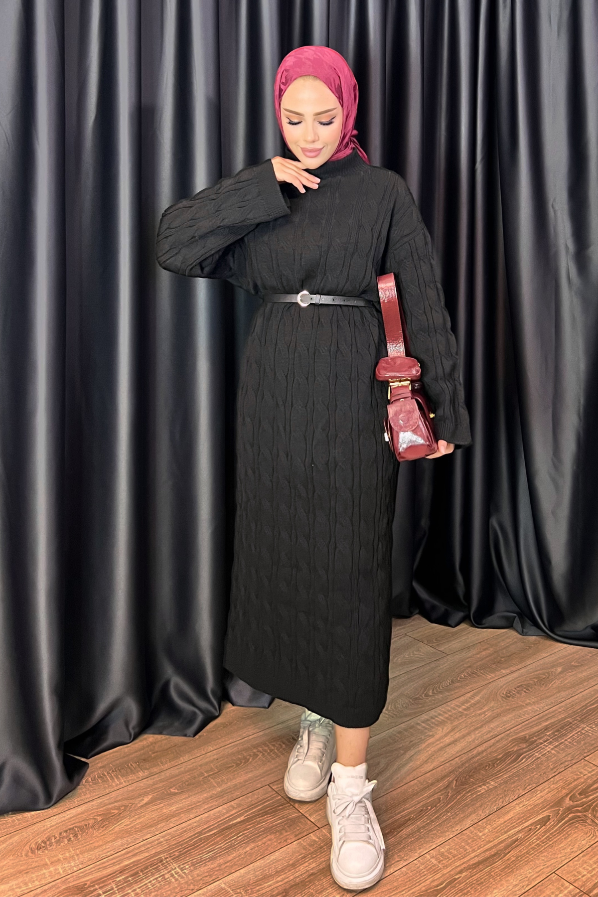 Örgü Desen Triko Elbise SİYAH