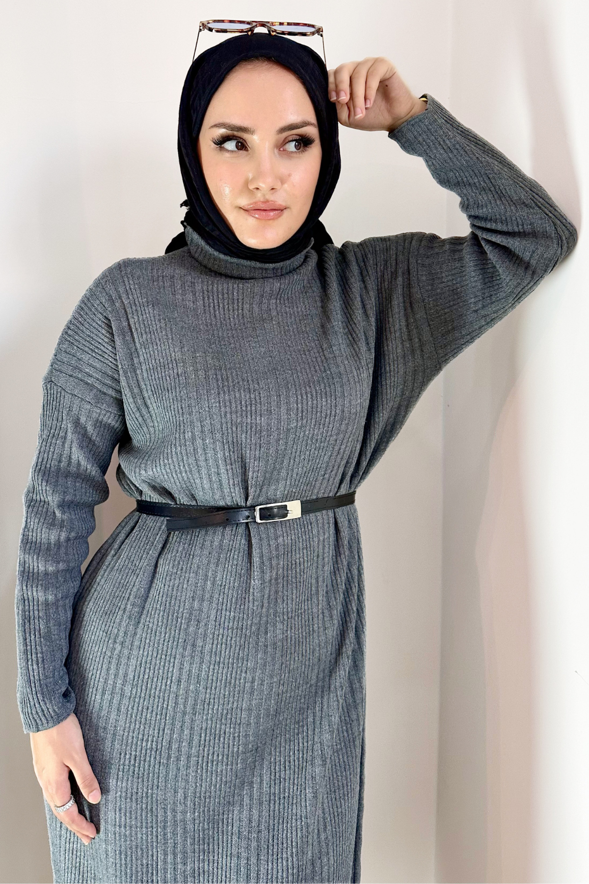 Premium Fitilli Triko Elbise GRİ