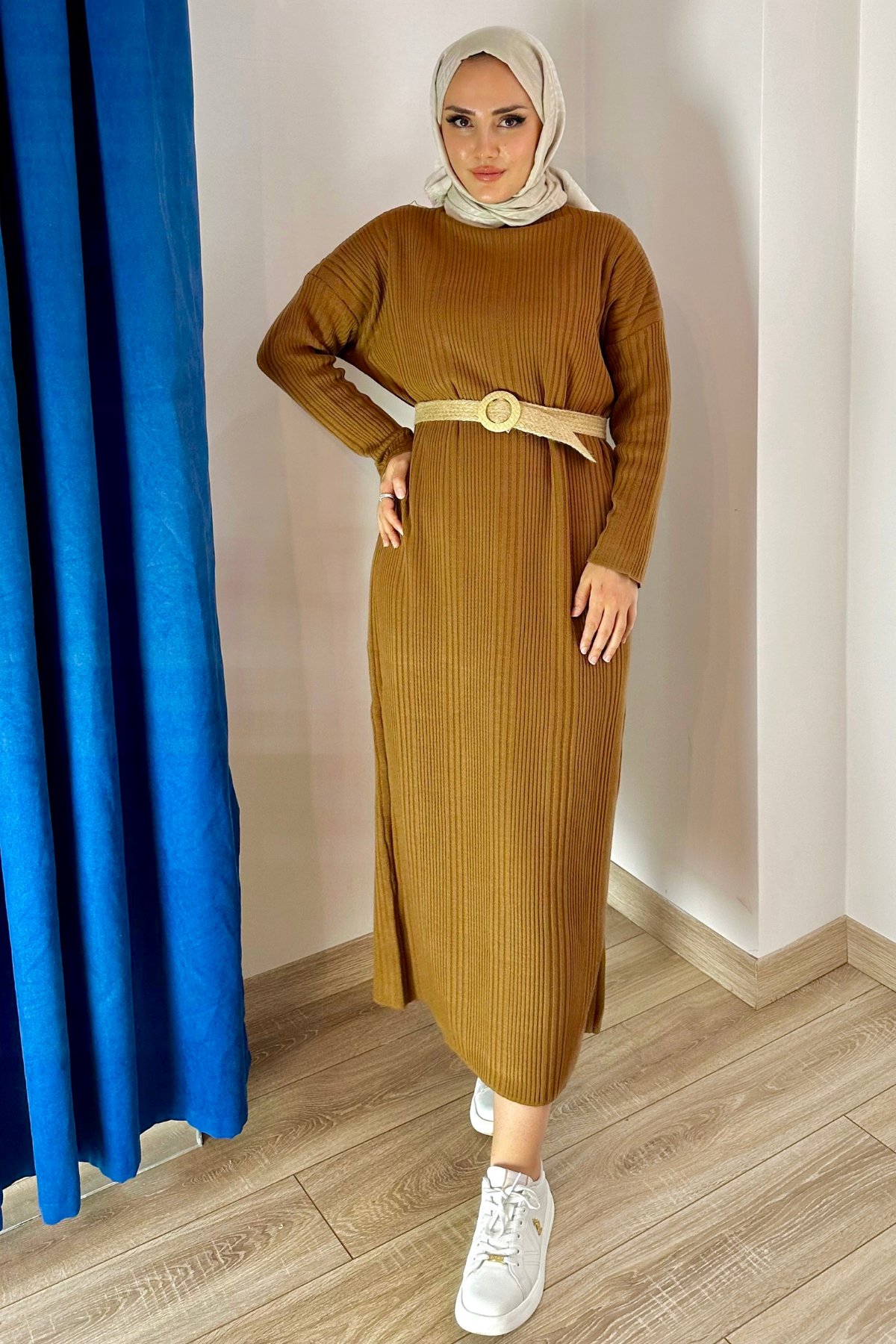 Premium Fitilli Triko Elbise KAHVE