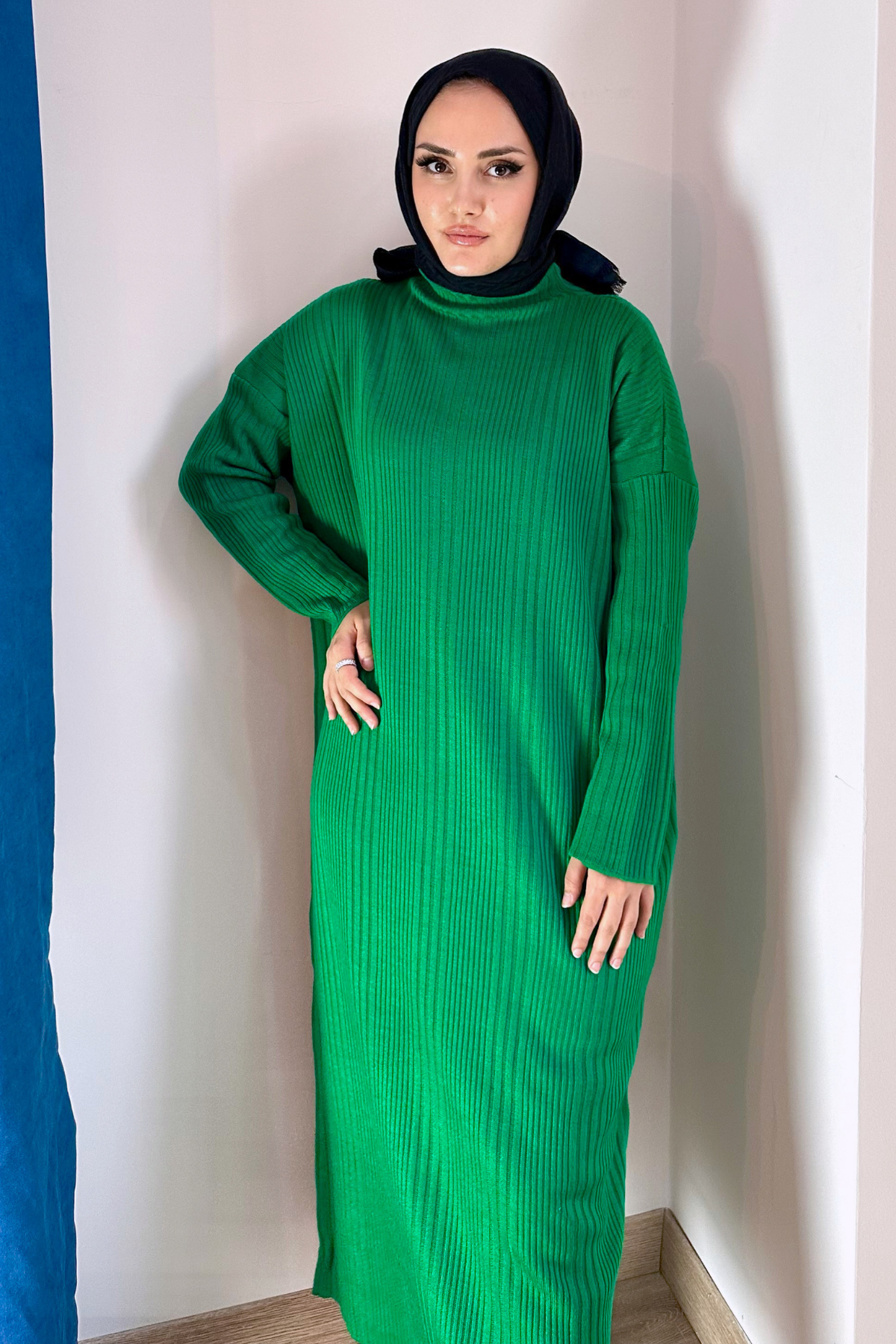 Premium Fitilli Triko Elbise YEŞİL