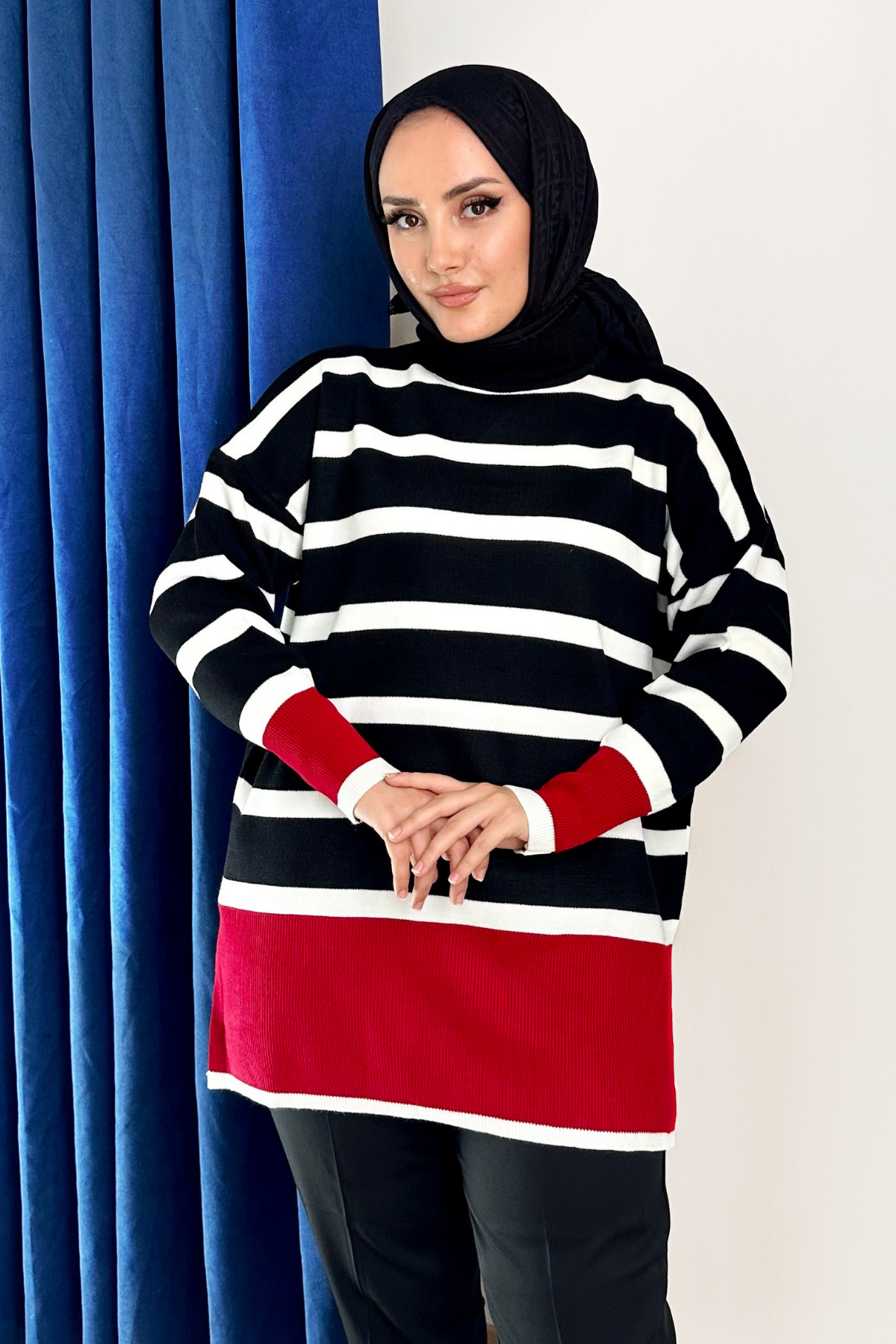 Rita Çelik Örme Çizgili Kazak SİYAH