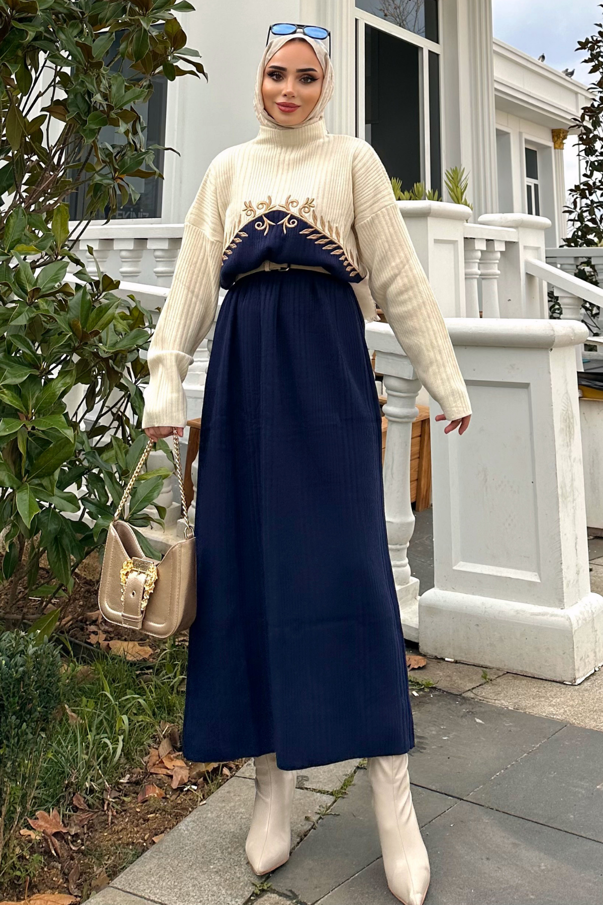 Seyran Nakışlı Triko Elbise KREM-SİYAH