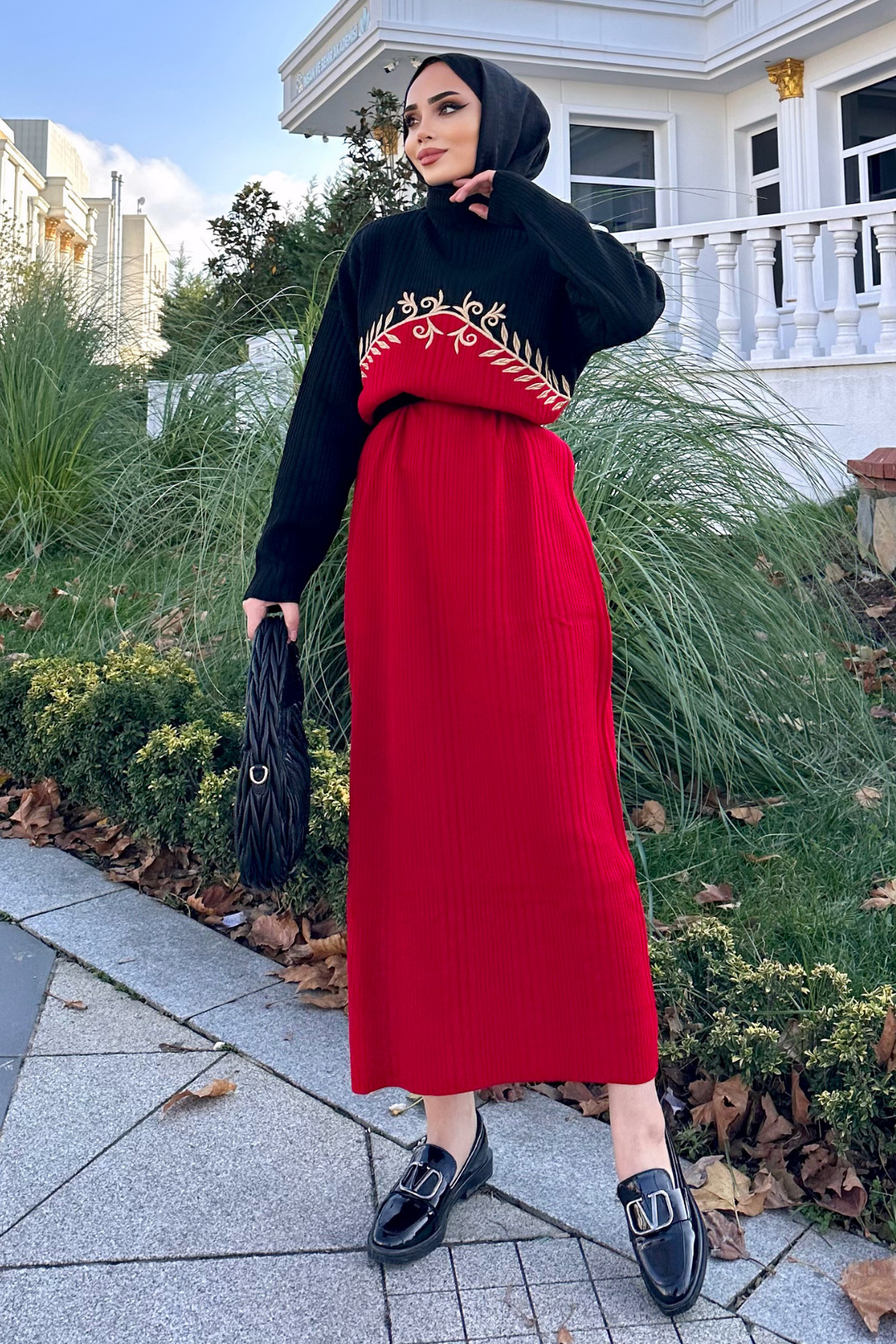 Seyran Nakışlı Triko Elbise SİYAH