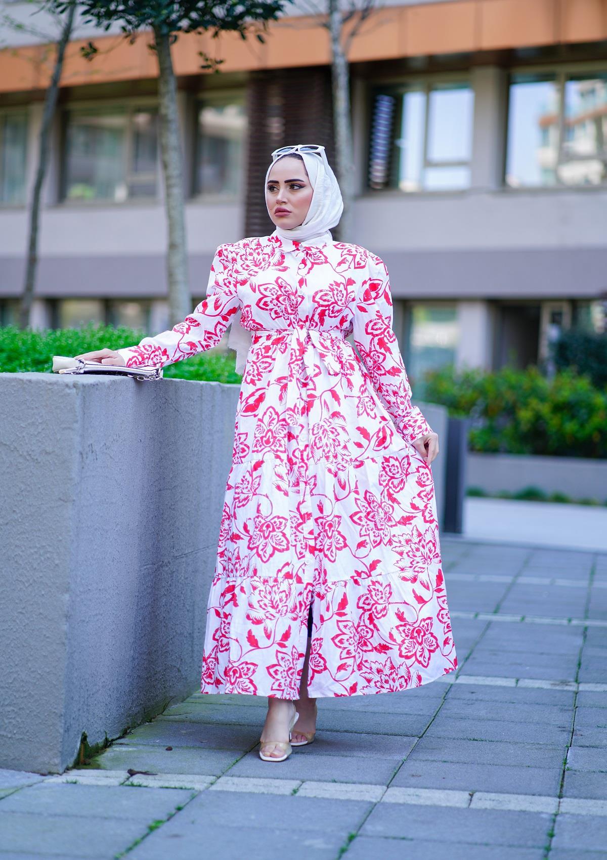 Soft Çiçekli Cotton Elbise Kırmızı