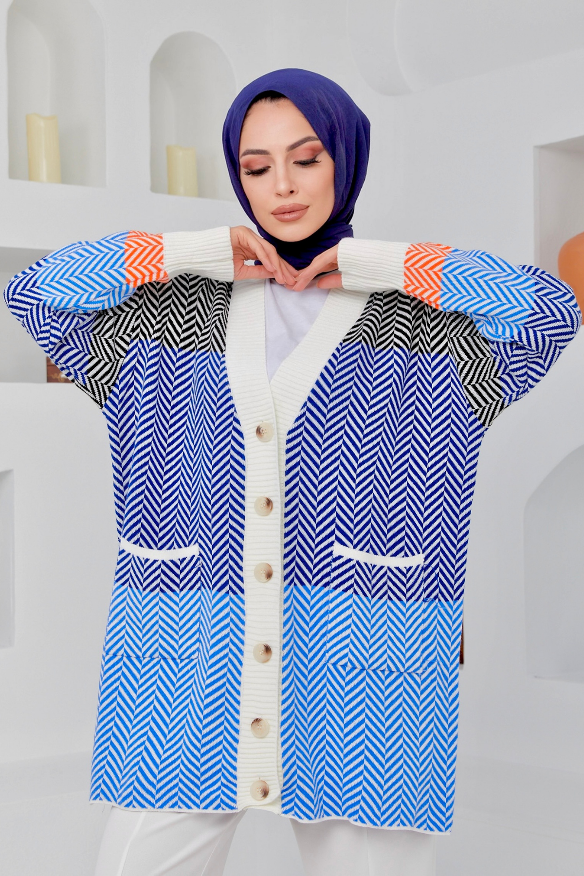 Zigzag Desen Cepli Hırka MAVİ