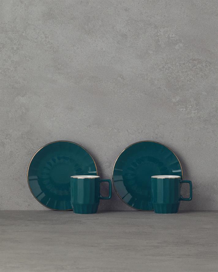 Angely New Bone China Kahve Fincan Takımı 4 Parça 2 Kişilik Koyu Yeşil