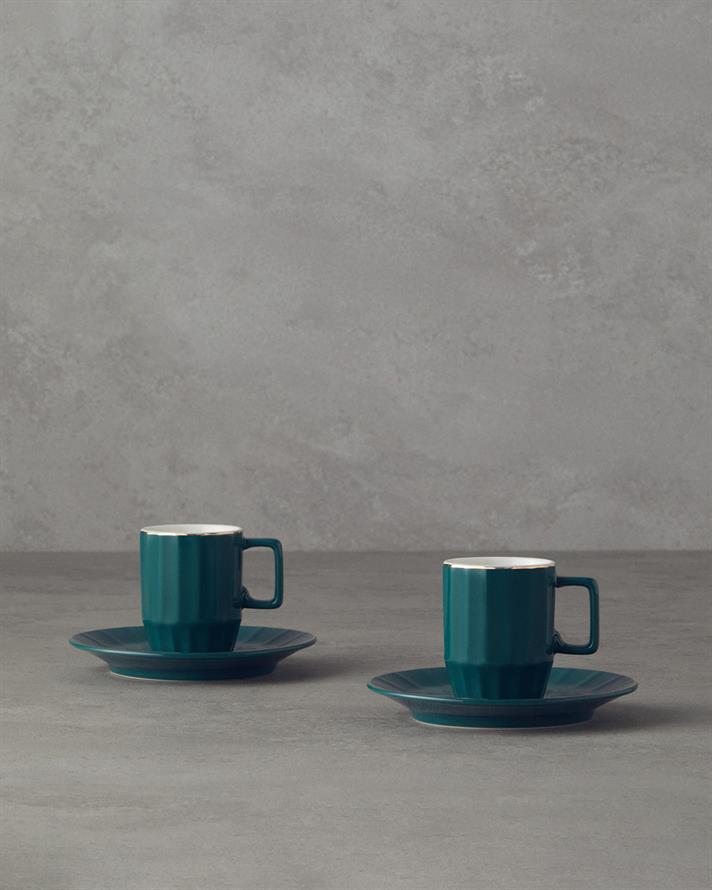 Angely New Bone China Kahve Fincan Takımı 4 Parça 2 Kişilik Koyu Yeşil