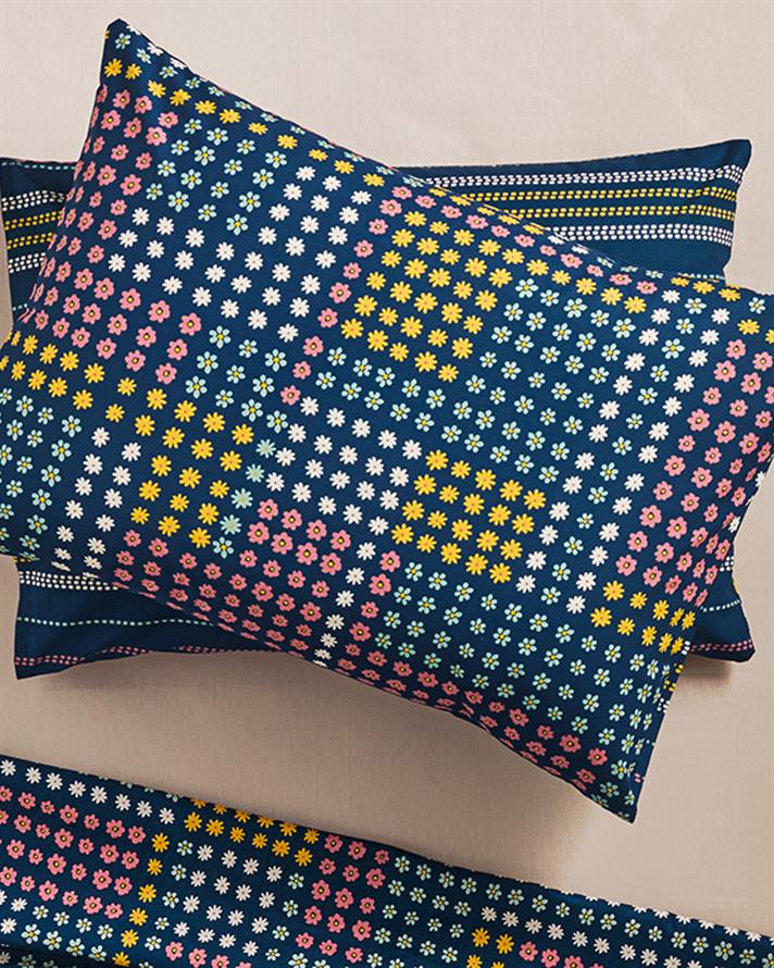 Daisy Patchwork Pamuklu 2li Yastık Kılıfı Lacivert