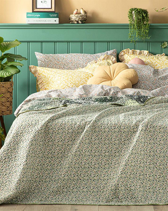 Flower Patchwork Çift Kişilik Çok Amaçlı Örtü Yeşil