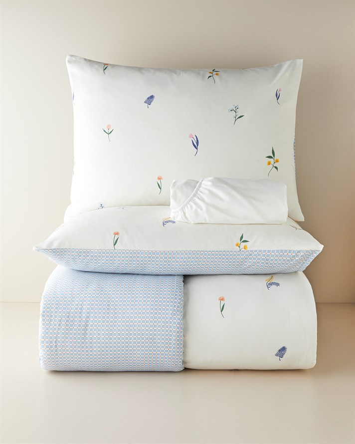 Flowery Kolay Ütülenir Çift Kişilik Çarşaflı Nevresim Takımı 200x220 cm Mavi - Yeşil