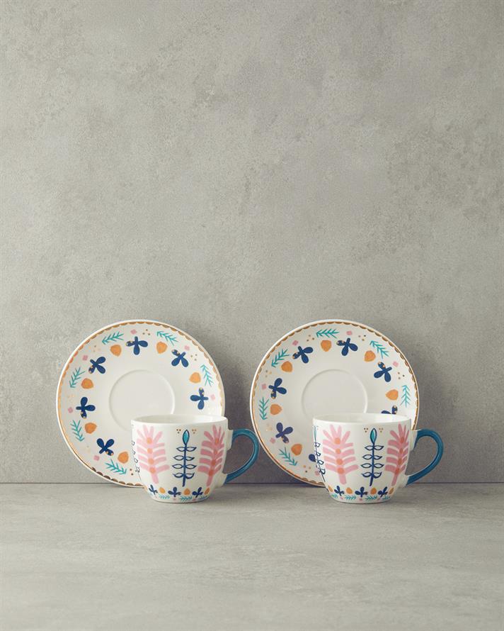 Love Adore New Bone China Çay Fincanı Takımı 4 Parça 2 Kişilik Pembe - Mavi