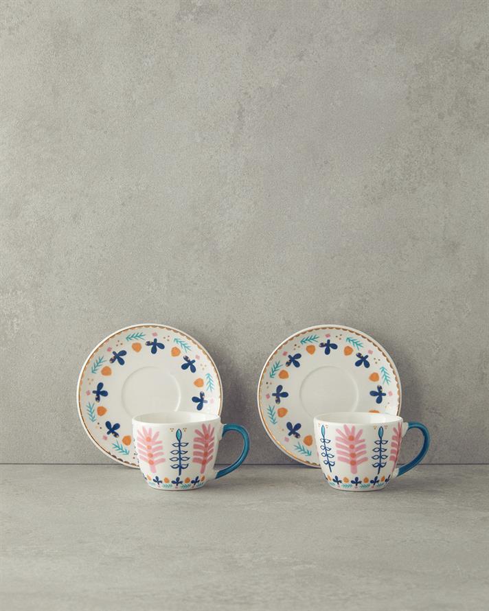 Love Adore New Bone China Kahve Fincan Takımı 4 Parça 2 Kişilik Pembe - Mavi
