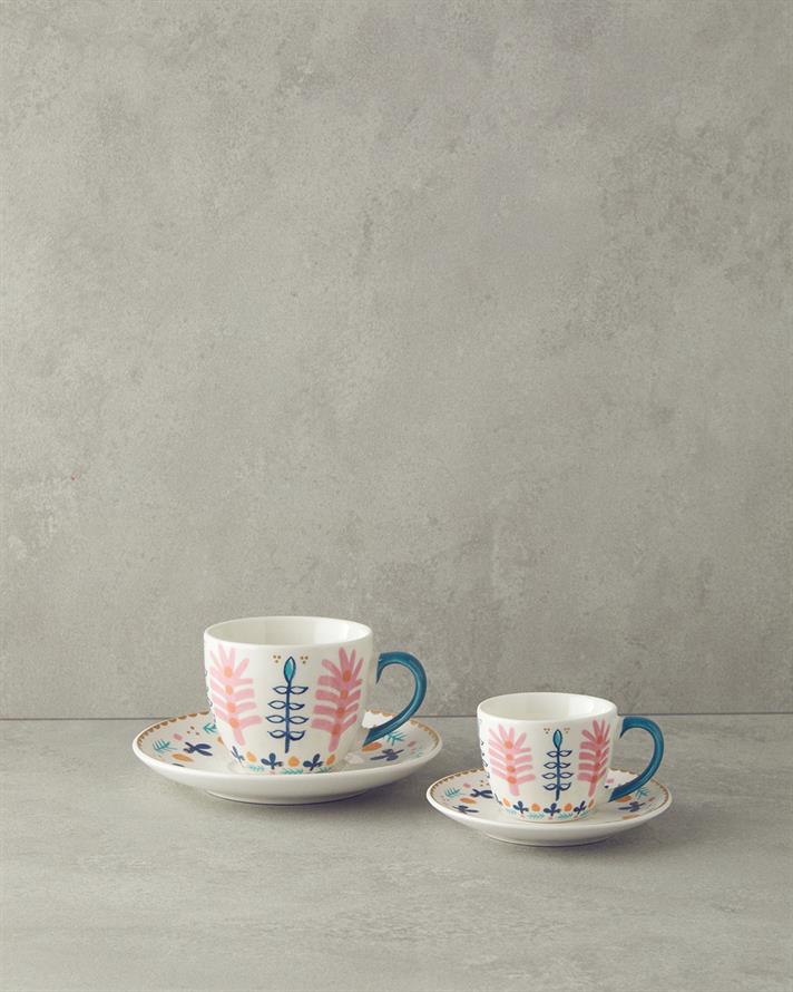 Love Adore New Bone China Çay Fincanı Takımı 4 Parça 2 Kişilik Pembe - Mavi