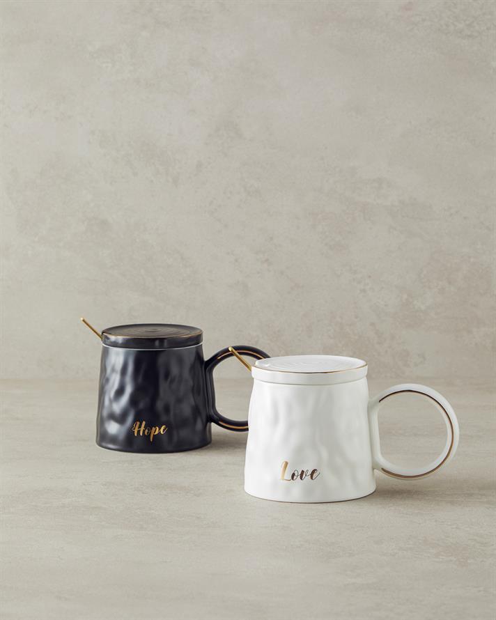 Mantra New Bone China Kapaklı Kaşıklı Kupa Beyaz