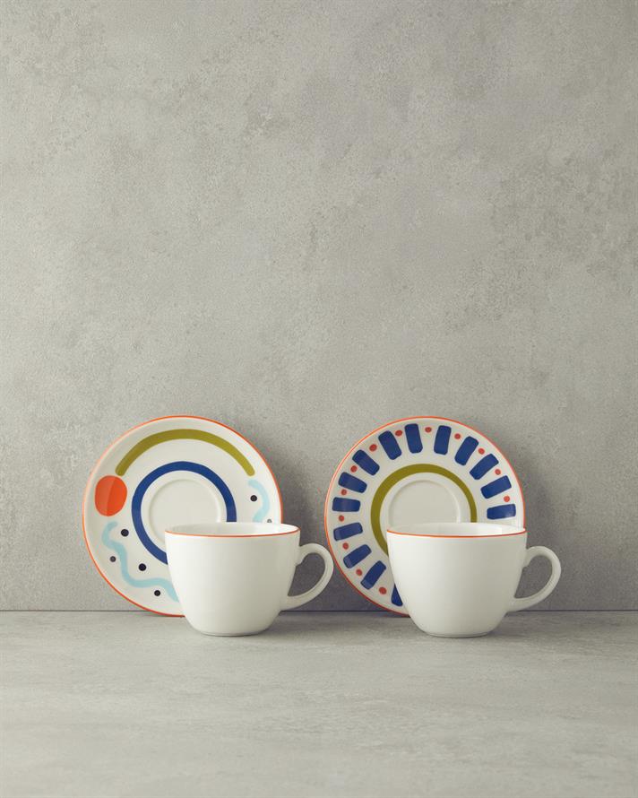 Mixed Lines Porselen 4 Parça 2 Kişilik Çay Fincanı Takımı Renkli