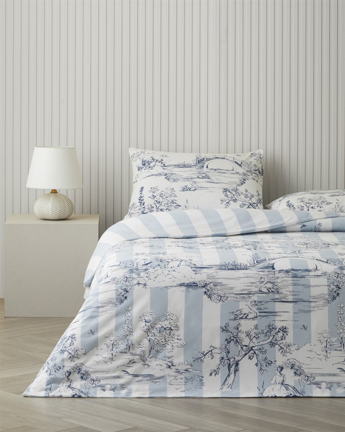Striped Jouy Pamuklu Çift Kişilik Çarşaflı Nevresim Takımı 200x220 cm Mavi