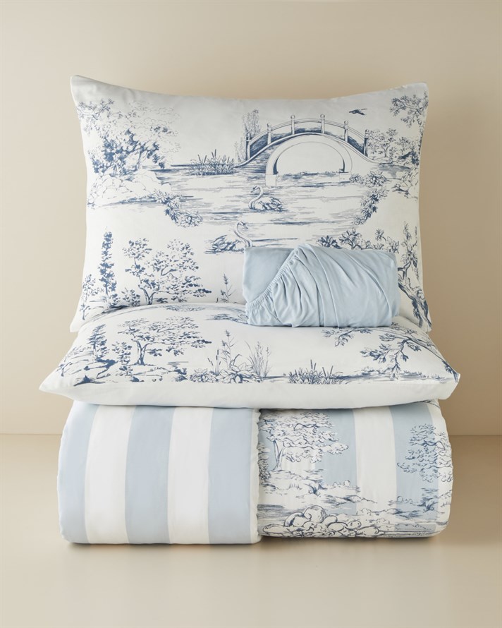 Striped Jouy Pamuklu Çift Kişilik Çarşaflı Nevresim Takımı 200x220 cm Mavi