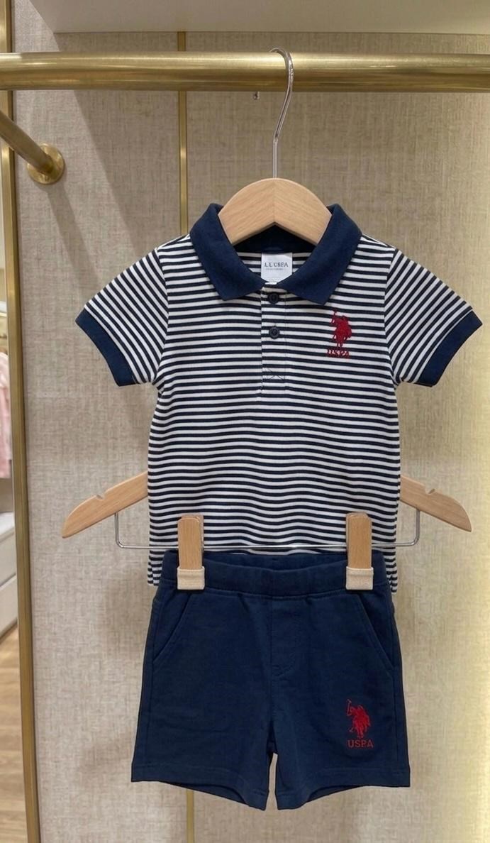  çizgili yarım kollu yakalı erkek bebek ikili takım
