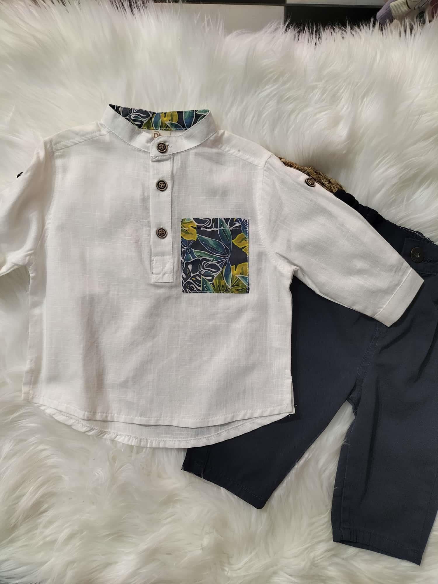  BEBEK BEYAZ LACİVERT YAKASI ÇİÇEK DETAYLI GÖMLEK PANTALON