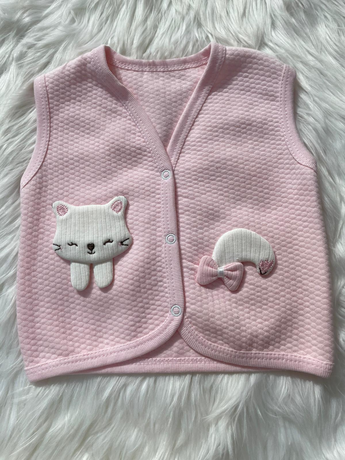  BEBEK PEMBE KEDİ DETAYLI PENYE YELEK
