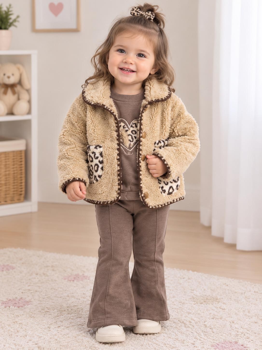  leopar desenli peluş ceketli kız bebek üçlü takım
