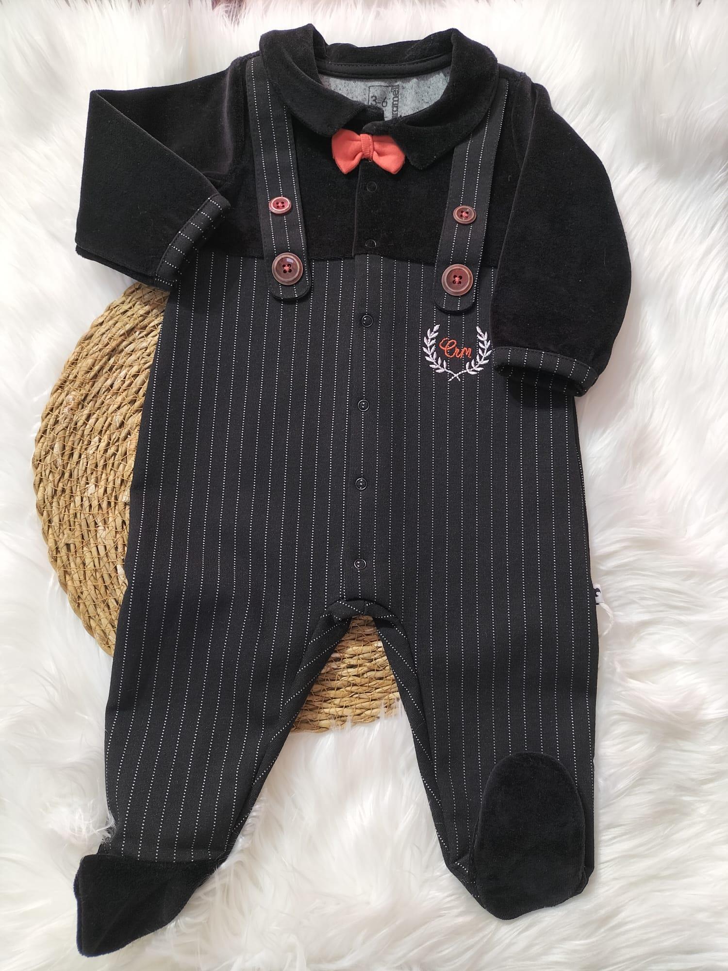 BEBEK CARAMEL CRM BEBE TURUNCU SİYAH CİZGİLİ ÜSTÜ KADİFE PATİKLİ SALOPET TULUM