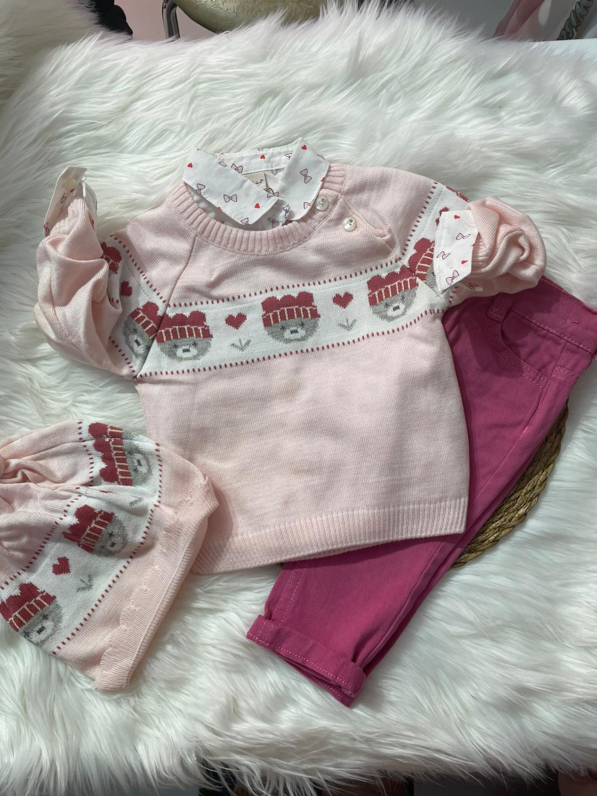 BEBEK PEMBE ŞAPKALI AYICIK DETAYLI GÖMLEKLİ PANTALONLU TAKIM