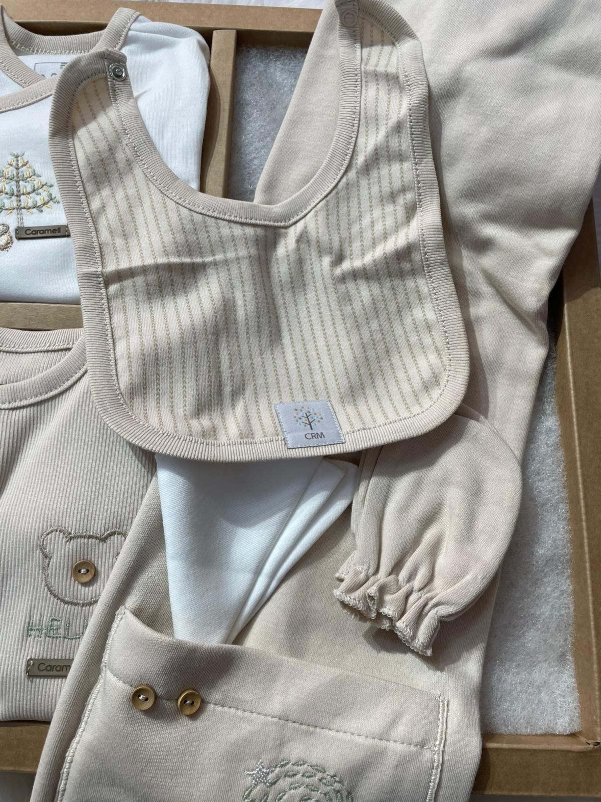 ERKEK BEBEK KAHVE BEYAZ AYICIK VE ARABA DESENLİ 10'LU HASTANE ÇIKIŞI