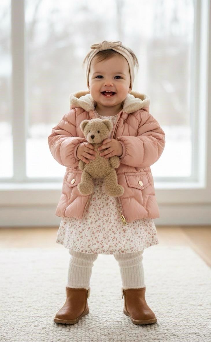 İÇ KISMI PELUŞ PUDRA DÜZ RENK ŞİŞME KIZ BEBEK MONT