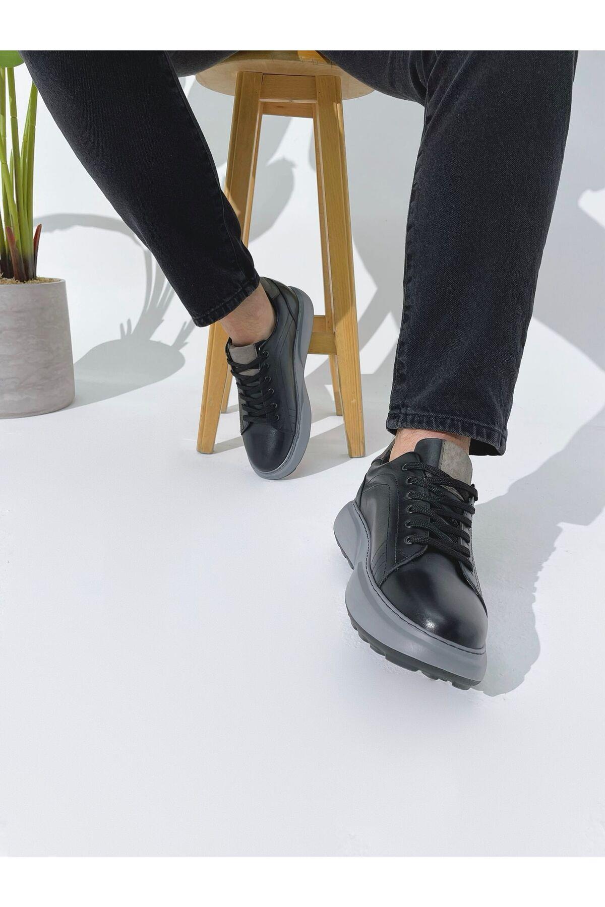 Siyah Hakiki Deri Yüksek Taban Sneaker Erkek Ayakkabı
