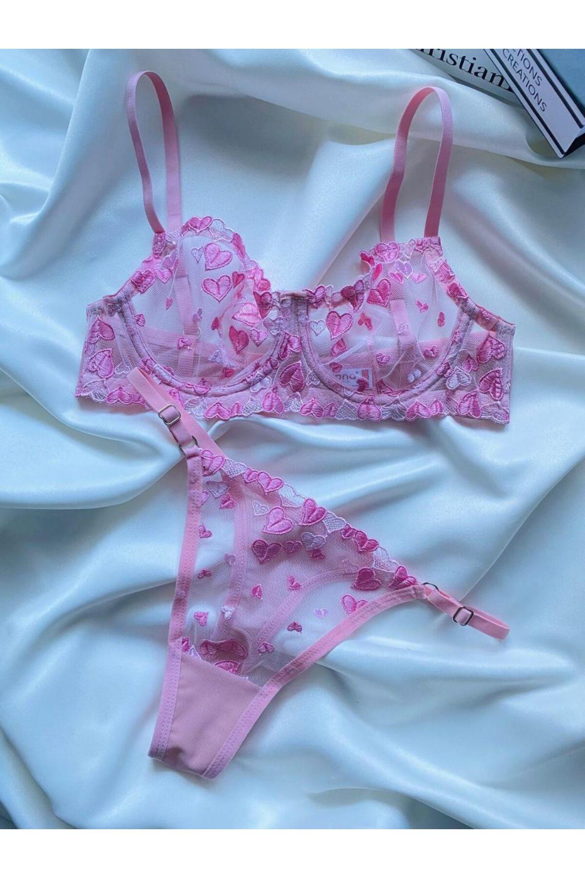 Lovely Pembe Kadın Tül Tanga Külotlu Bralet Takım