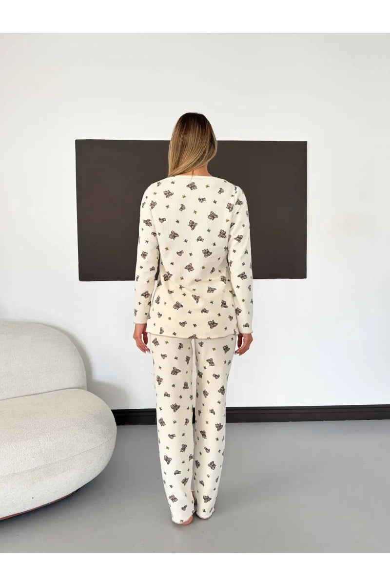 Ayıcık Desenli Overlok Dikişli Waffle Pijama Takımı