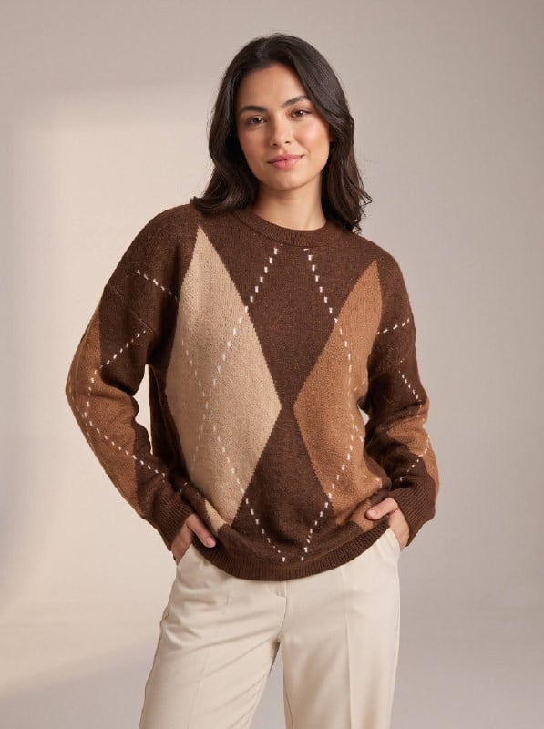 Baklava Desenli Oversize Triko Kazak