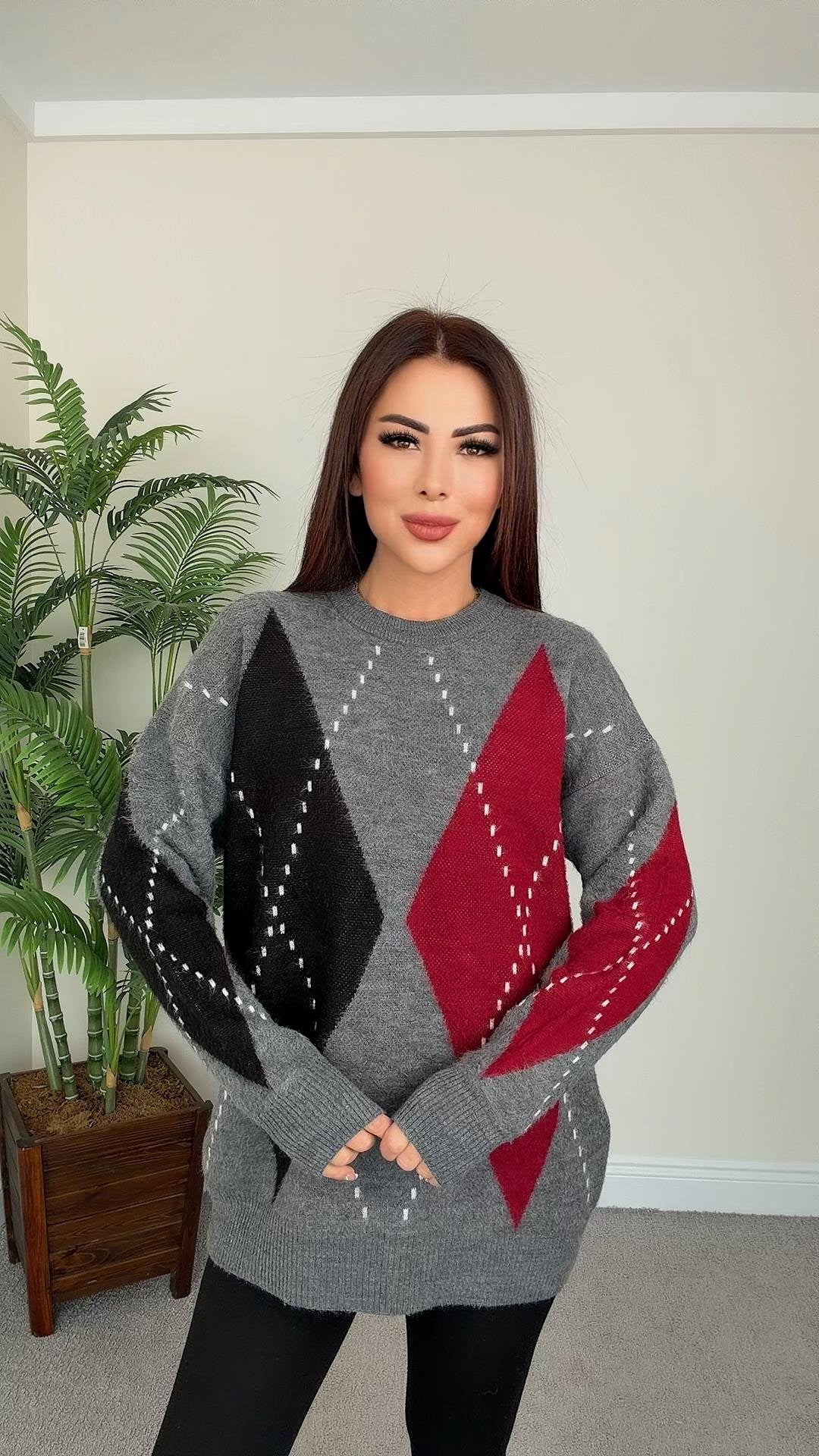 Baklava Desenli Oversize Triko Kazak