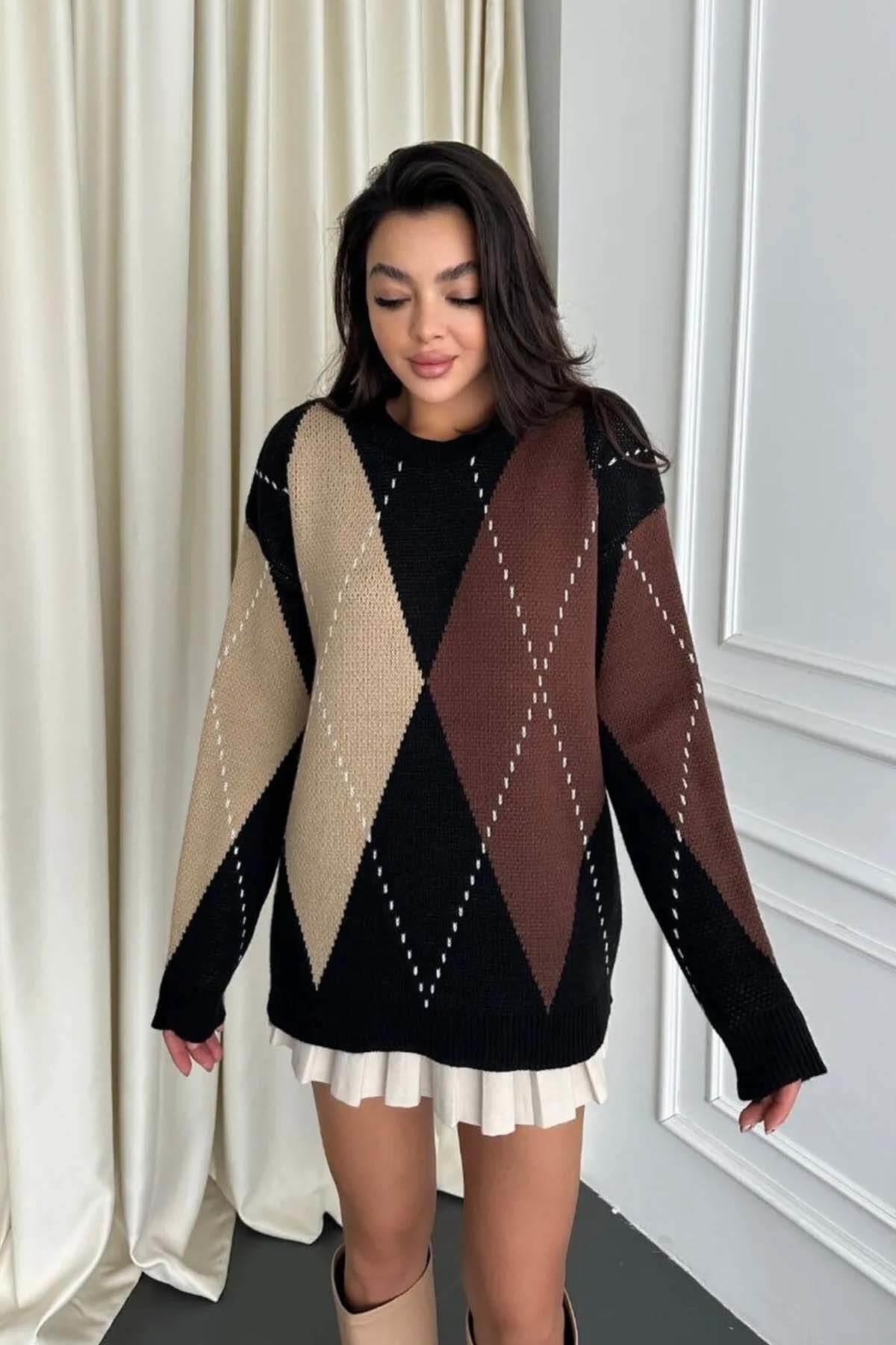 Baklava Desenli Oversize Triko Kazak