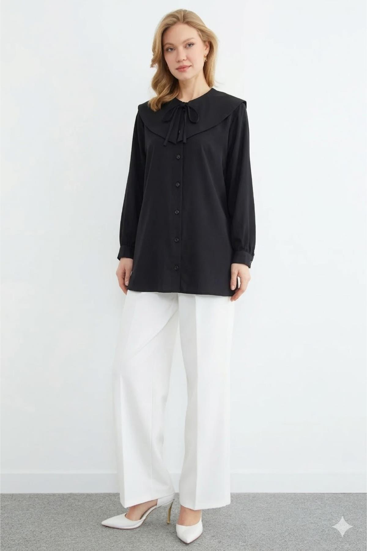 Bebe Yaka Bağlamalı Balon Kol Tunik