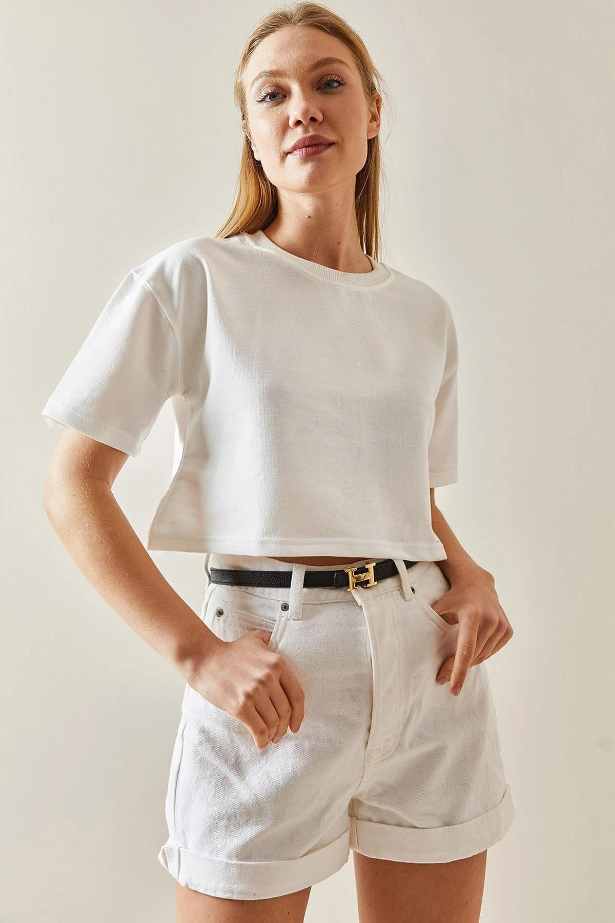 Bisiklet Yaka Crop Tshirt