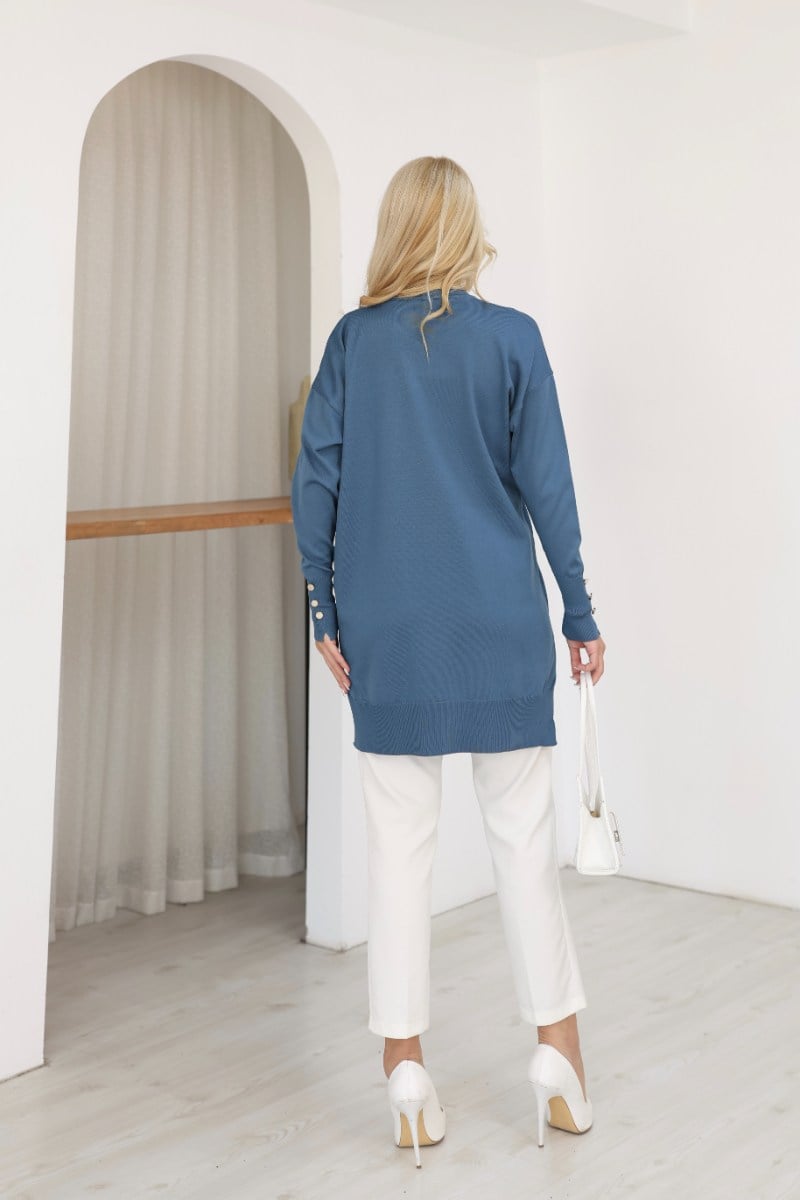 Bisiklet Yaka Düz Kol Düğmeli Triko Tunik