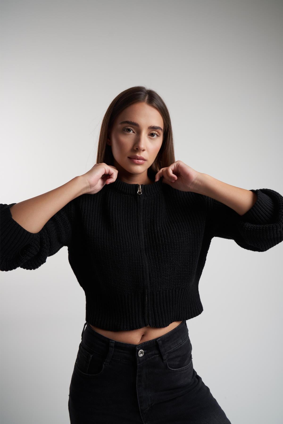 Bisiklet Yaka Triko Fermuarlı Crop Hırka