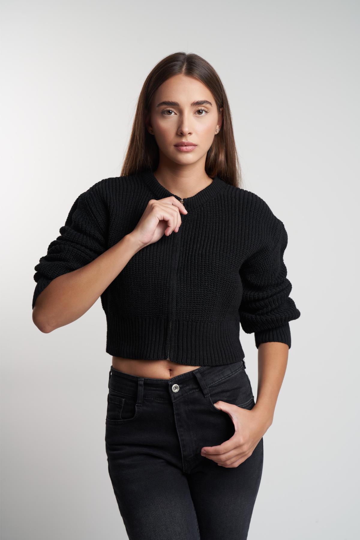 Bisiklet Yaka Triko Fermuarlı Crop Hırka
