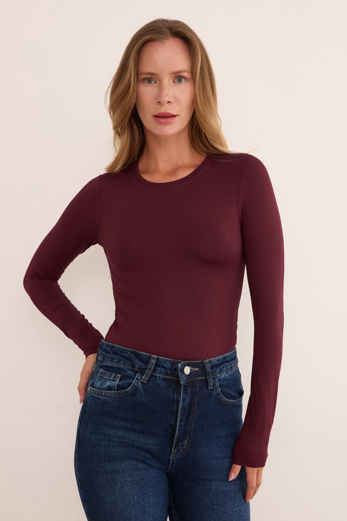 Bisiklet Yaka Uzun Kol Çıtçıtlı Body