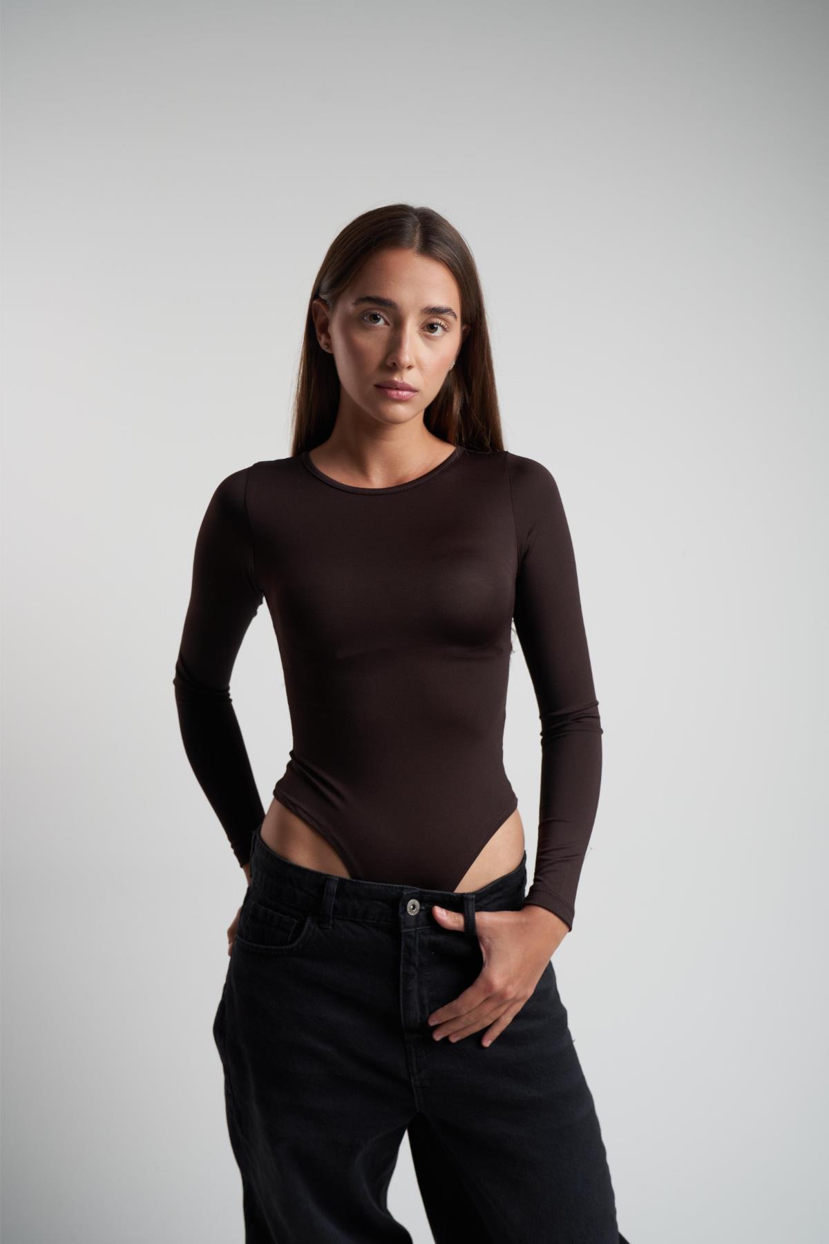 Bisiklet Yaka Uzun Kol Çıtçıtlı Body