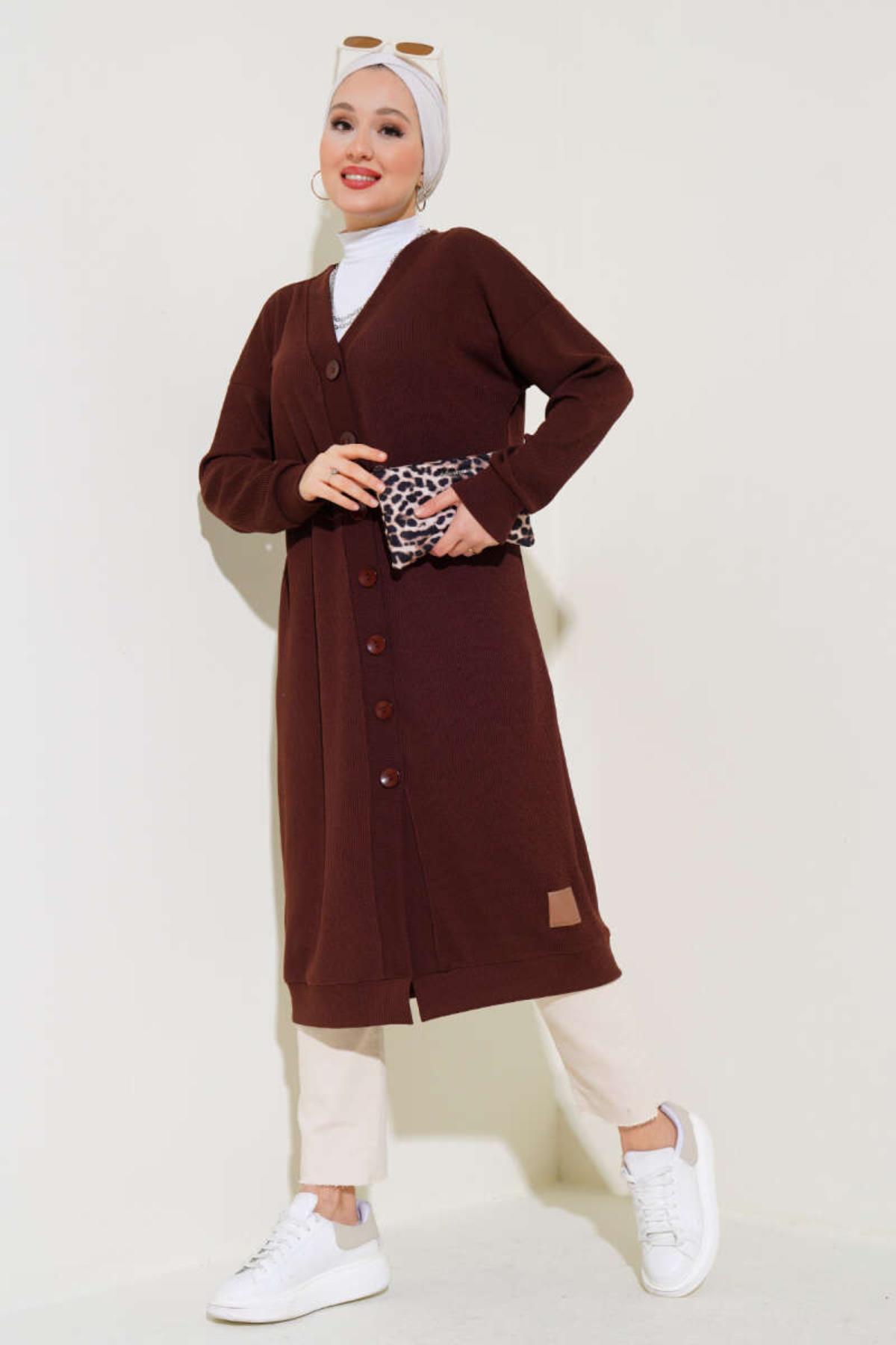 Boydan Düğmeli Fitilli Uzun Hırka