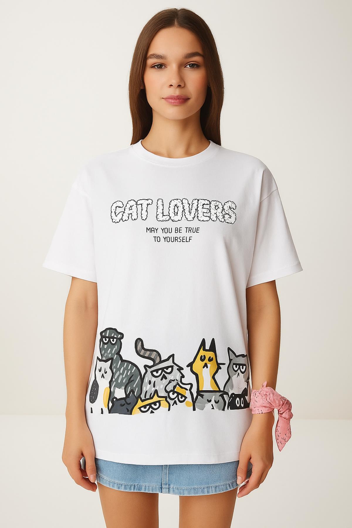 Cat Lovers Basklı Tshirt